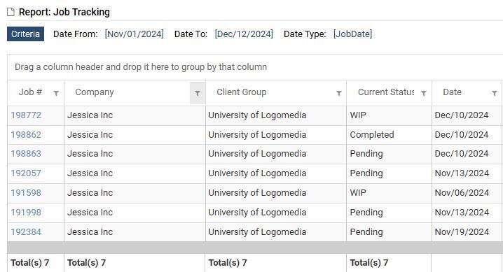 Job Tracking Report